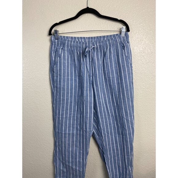 Serra Linen Blend Stripe Blue Womens Pants size Medium Lagenlook Pull on Elastic - Picture 5 of 13